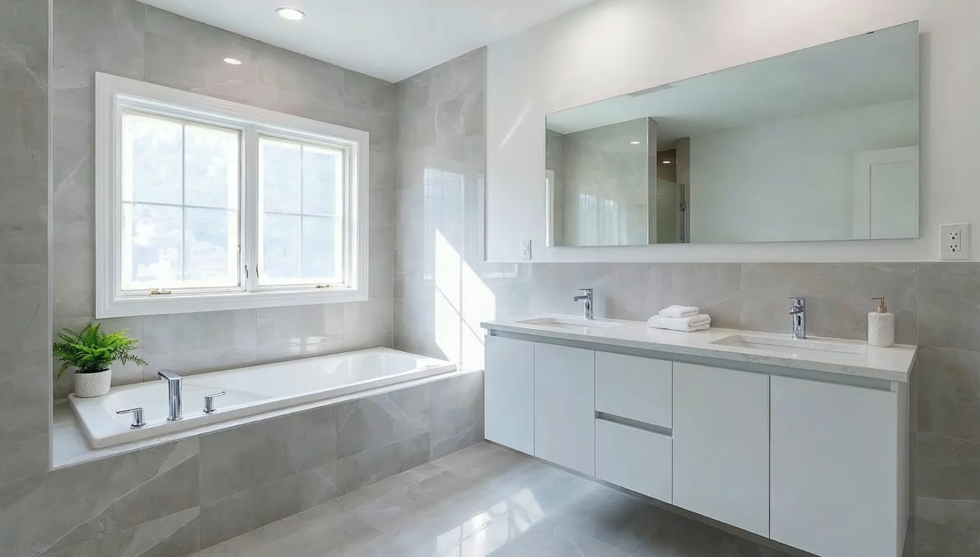 Completed bathroom addition with double sinks and upgraded finishes