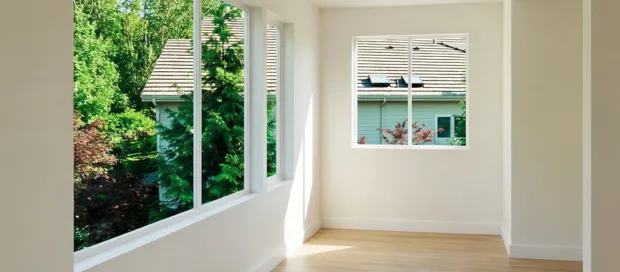 Final interior view showing clean white walls and new flooring in room addition