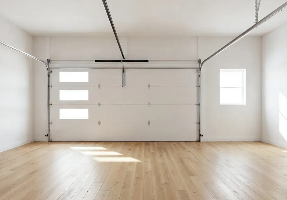 Finished garage conversion featuring new flooring, insulated walls, and a clean modern layout